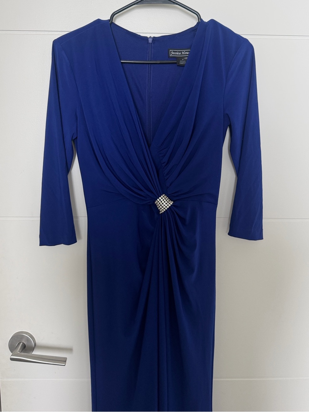 Jessica Howard Cobalt Blue V-Neck Gathered Waist Evening Dress